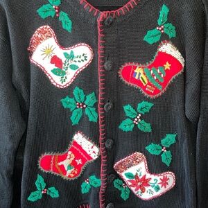Festive Black Cardigan with Red and Green Stockings